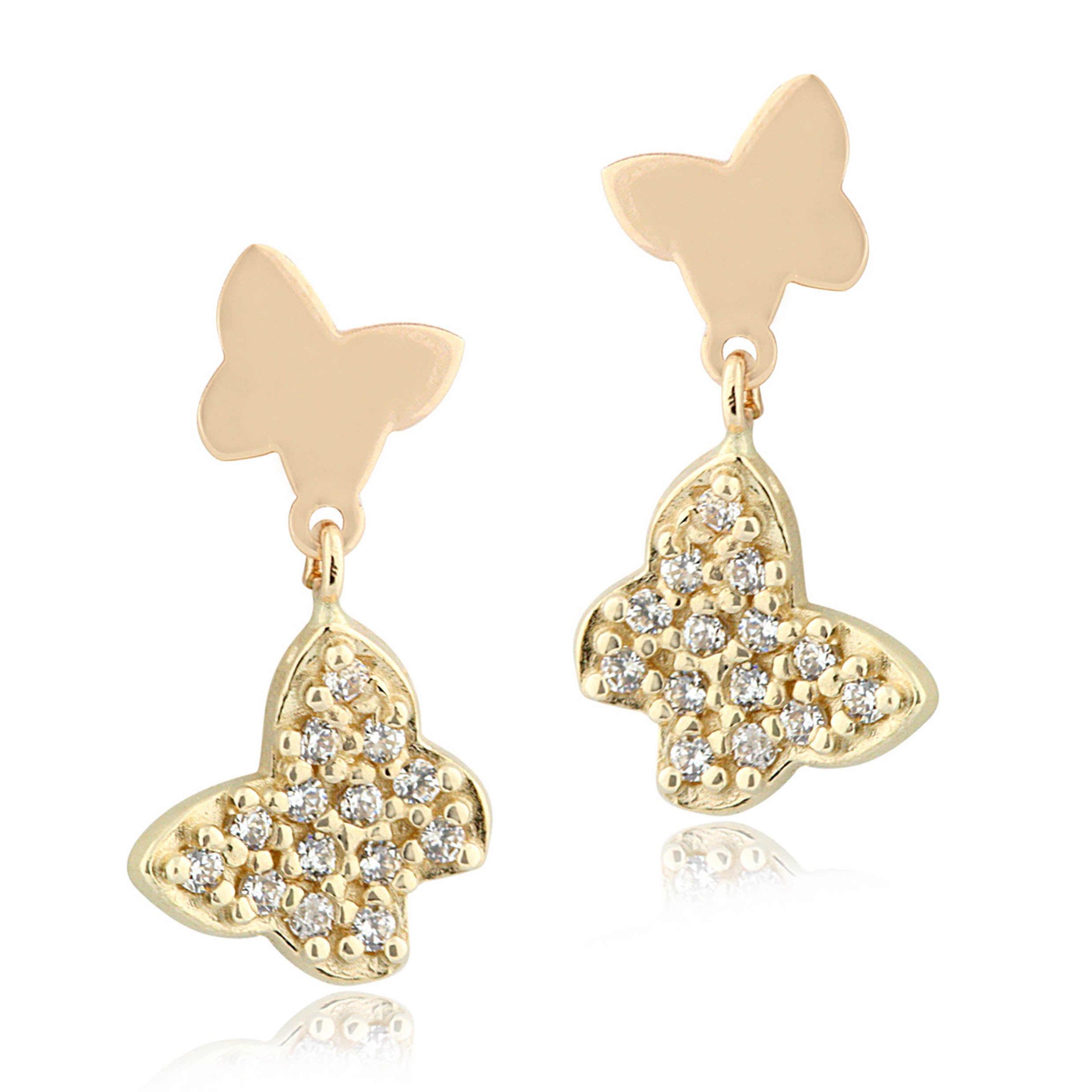 Butterfly Earrings in 14K Gold with CZ Pave Double Butterfly Dangle Post Earrings Italy