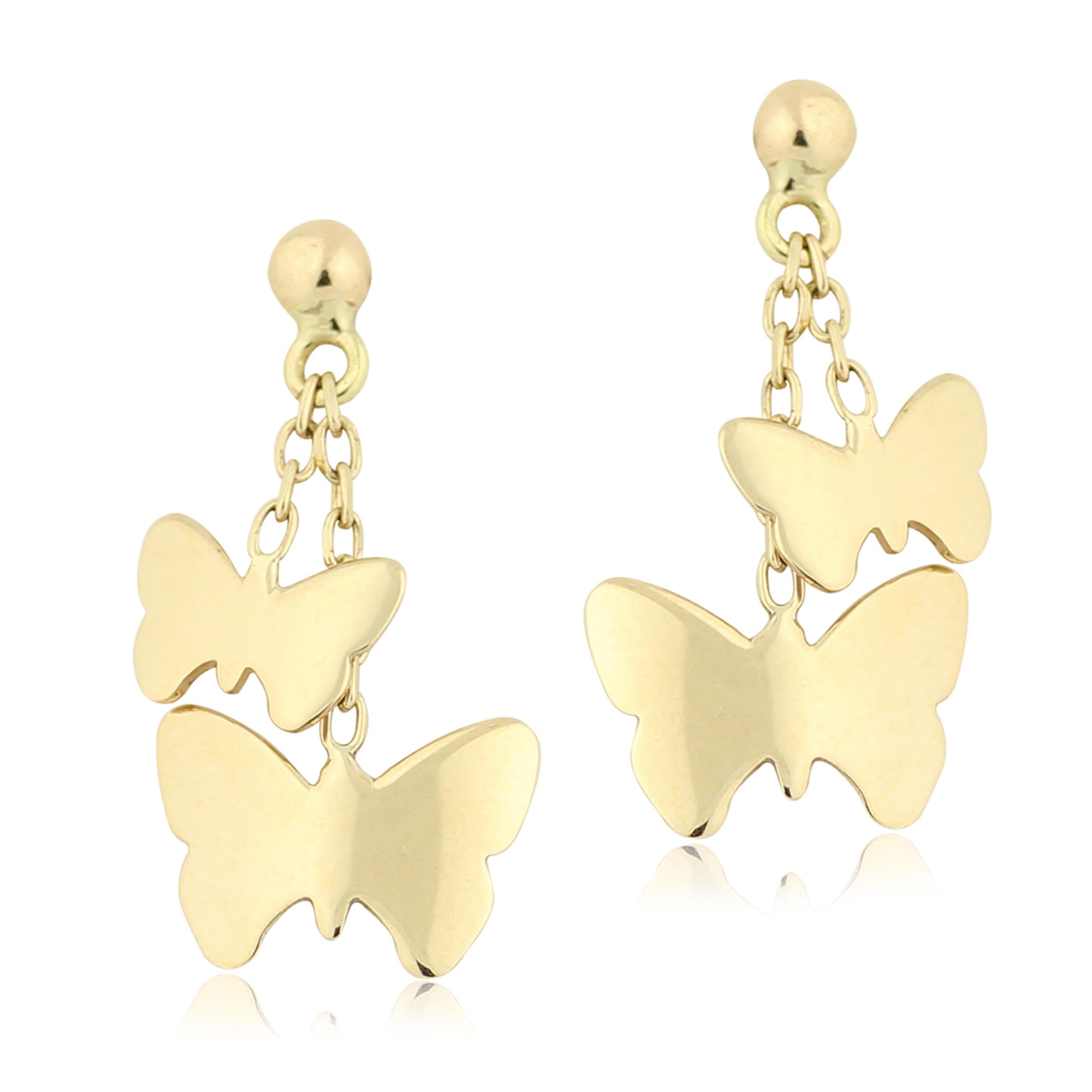 14K Yelow Gold Polished Double Butterfly Dangle Earring