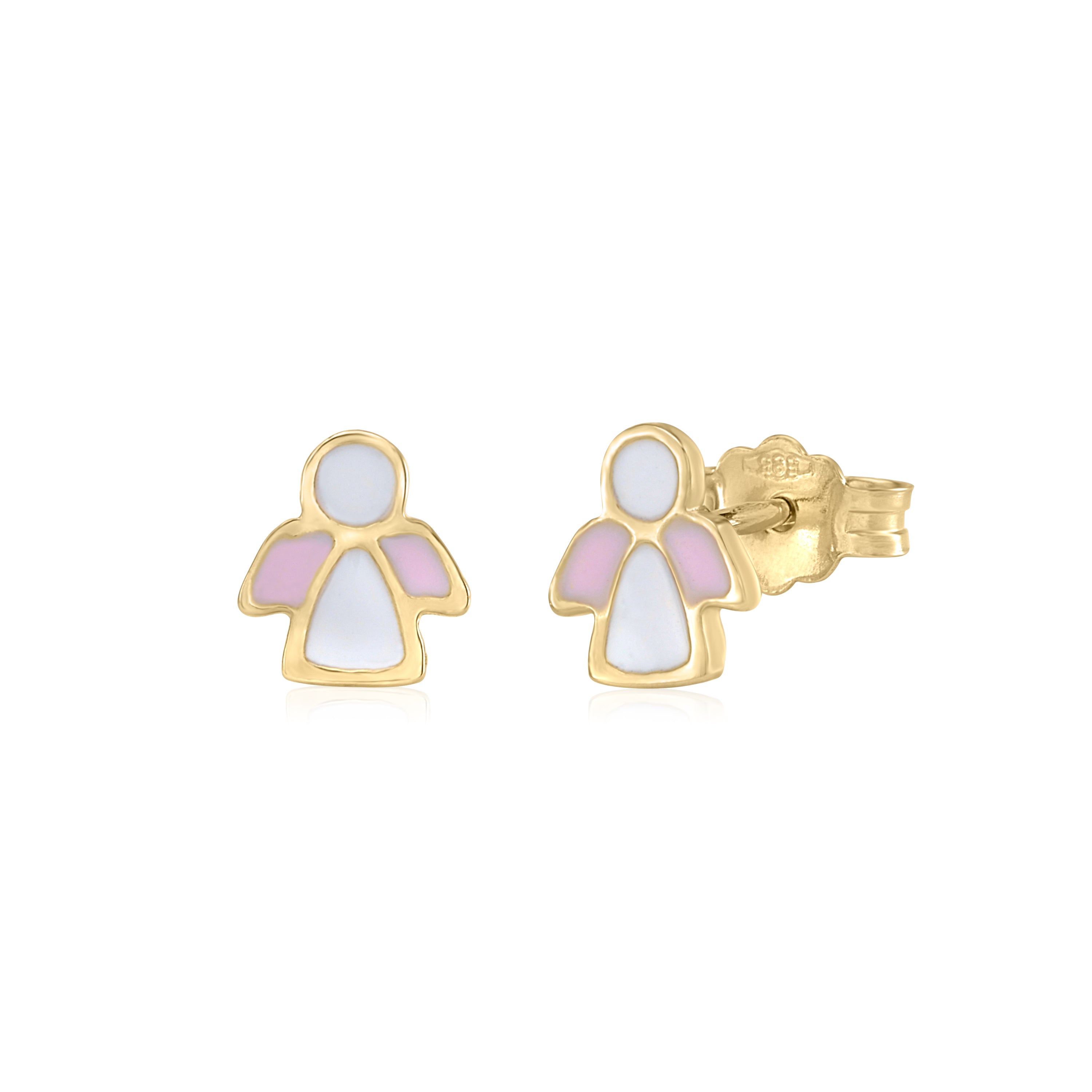 14K Yellow Gold Childrens Cute Guardian Angel Post Stud Earrings with Light Pink and White Enamel