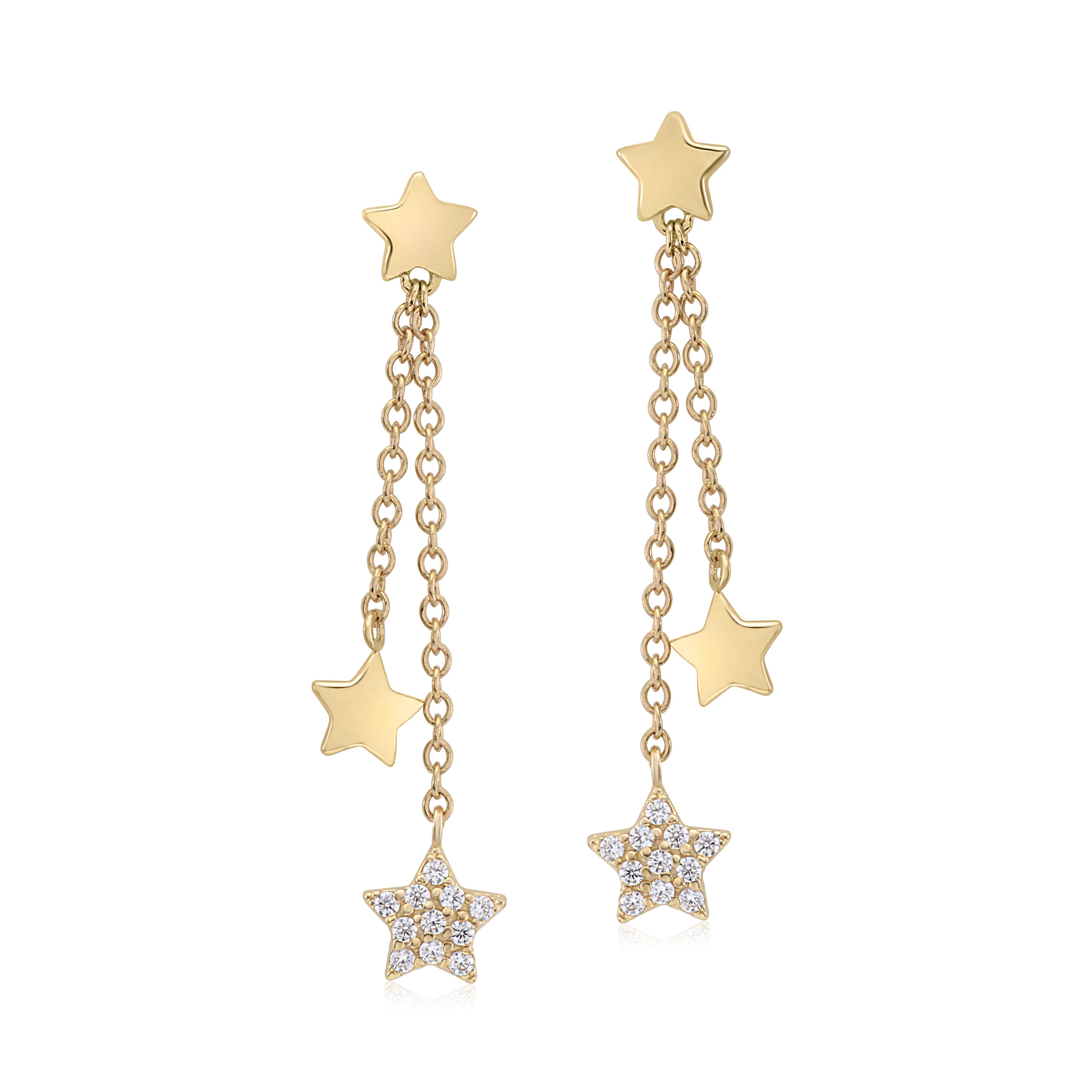 UNICORNJ 14K Yellow Gold Polished and Pave CZ Long Double Dangle Drop Star Earrings Italy
