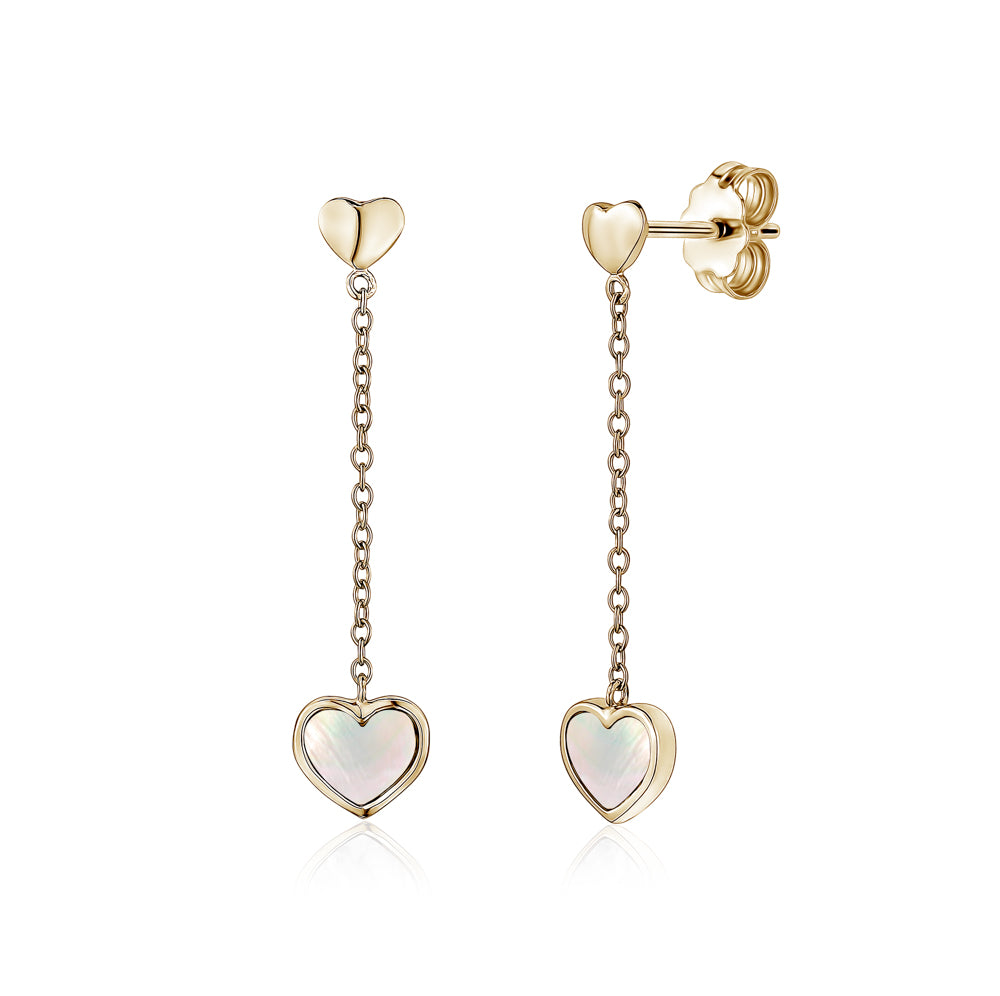 14K Yellow Gold Heart Earring Drop Dangle Mother of Pearl for Girls and Women Italy
