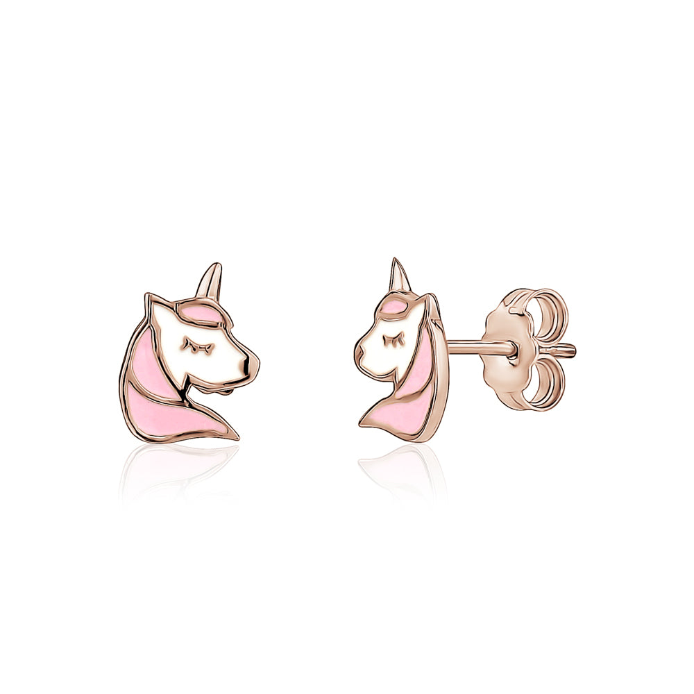 14K Yellow Gold Girls Earrings Unicorn Cute Pink Enamel Italy