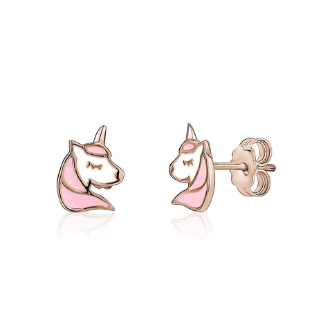 14K Yellow Gold Girls Earrings Unicorn Cute Pink Enamel Italy