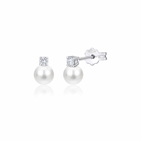 UNICORNJ 14K White Gold Freshwater Cultured Pearl Post Stud Earrings with Simulated Diamond CZ 5 7 8 mm Italy