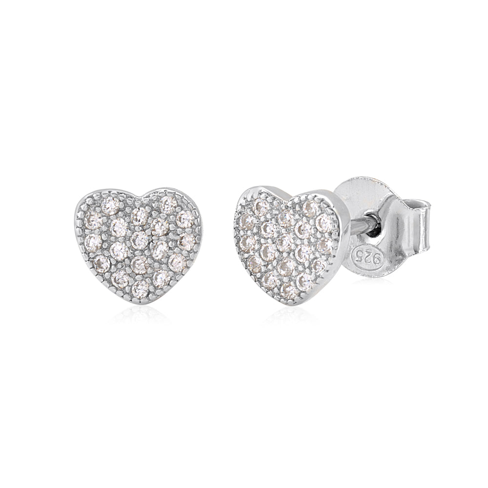 Heart Earrings in Sterling Silver with CZ Pavé or Yellow Gold Plated