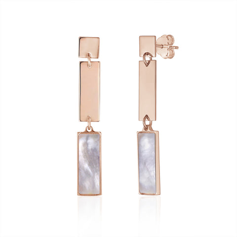 Sterling Silver Modern Double Rectangle Dangle Earrings with Mother of Pearl Inlay