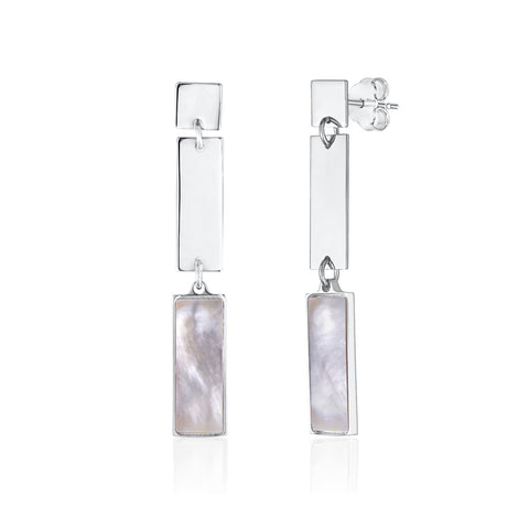 Sterling Silver Modern Double Rectangle Dangle Earrings with Mother of Pearl Inlay