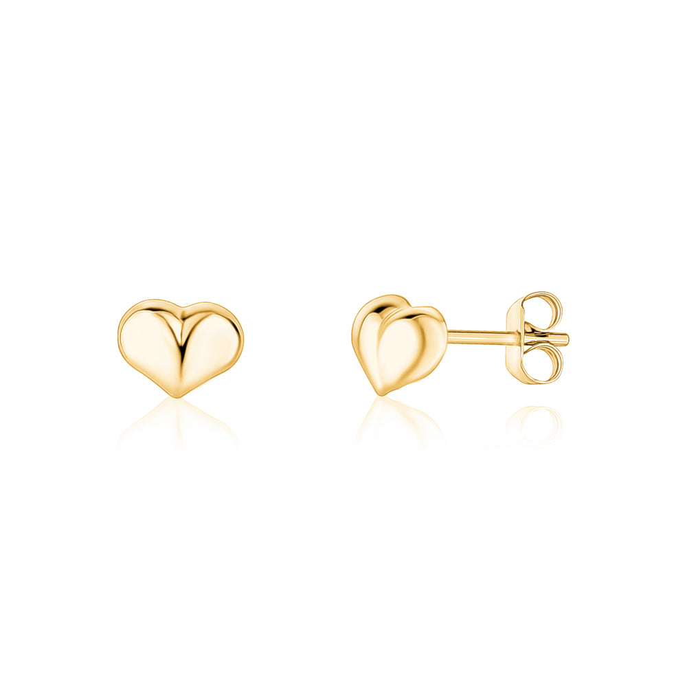 14K Yellow Gold Puff Heart Stud Earrings Polished Shiny Small Italy
