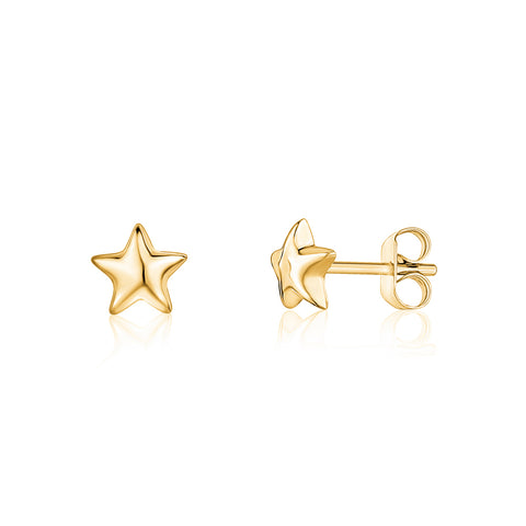 14K Yellow Gold Puff Star Stud Earrings Polished Shiny Small Italy