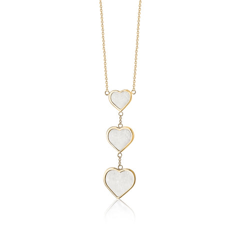 14K Yellow Gold Triple Drop Heart Necklace with Mother of Pearl