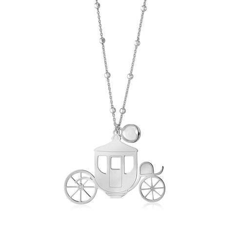 Sterling Silver High Polished Large Fantasy Carriage Coach Rose Gold Pendant Necklace Long Cable Chain 30"