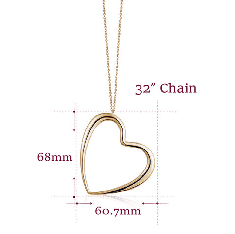 14K Yellow Gold Very Large Polished Shiny Modern Asymmetrical Heart on Long Strong  Rolo Chain 32"