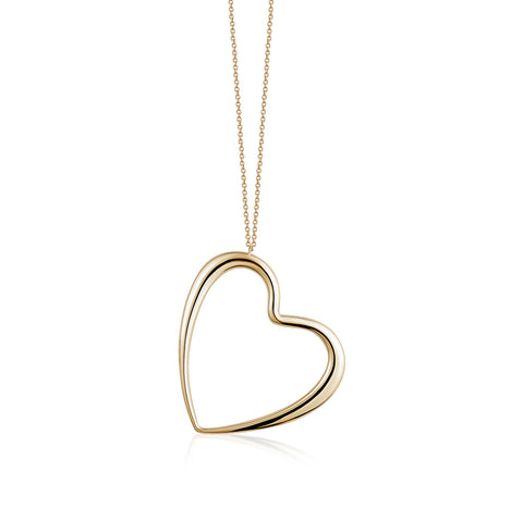 14K Yellow Gold Very Large Polished Shiny Modern Asymmetrical Heart on Long Strong  Rolo Chain 32"
