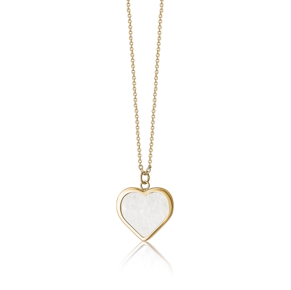 14K Yellow Gold Heart Necklace Pendant with Pink and White Mother of Pearl Reversable