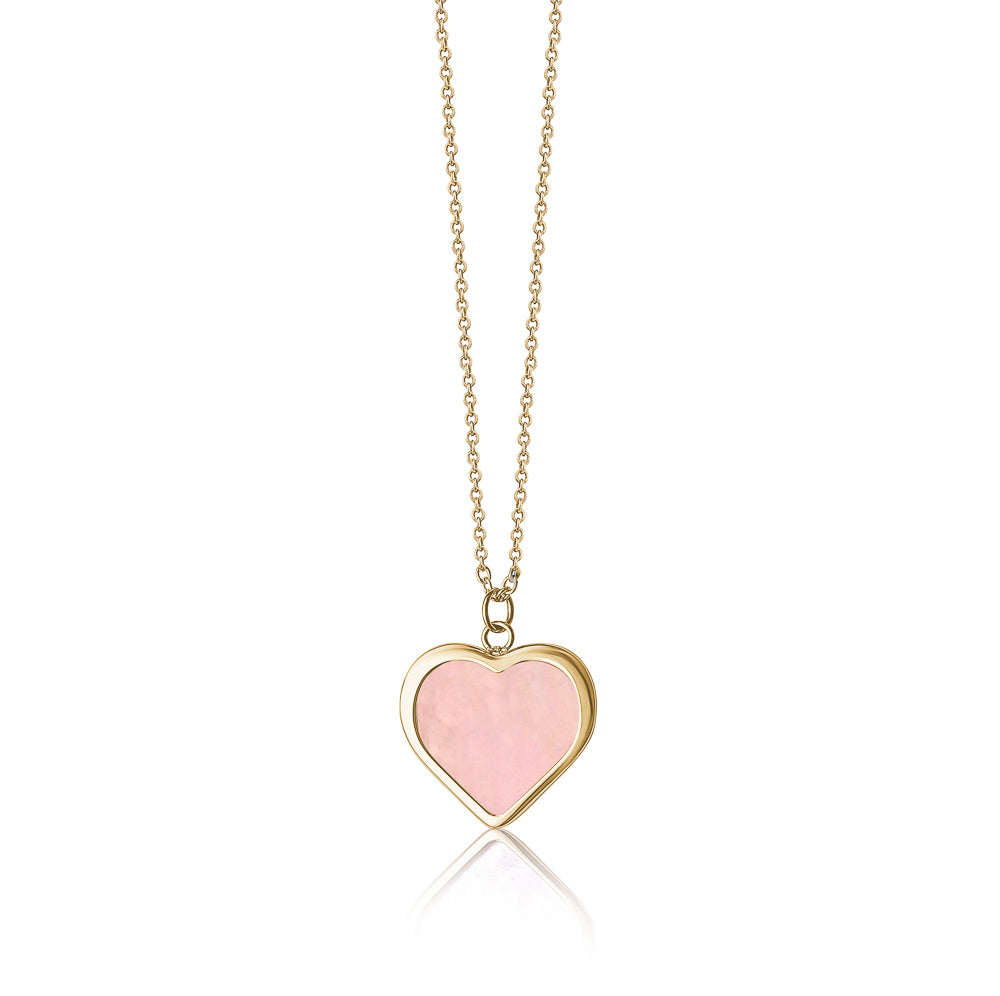 14K Yellow Gold Heart Necklace Pendant with Pink and White Mother of Pearl Reversable