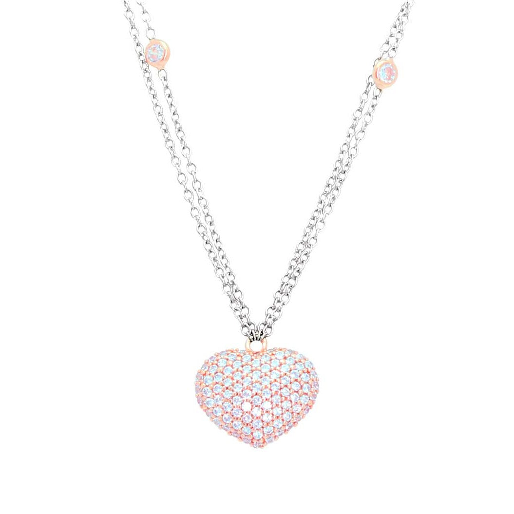 14K White and Rose Gold Pavé CZ  Puffy Heart Necklace with Bezel Set CZ Accents 16" Chain