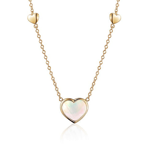 14K Yellow Gold Heart Pendant necklace Mother of Pearl or Pink for Girls and Women Italy 16 inches