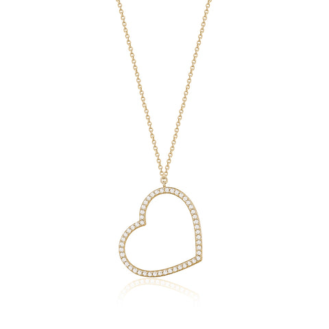 14K Yellow Gold Heart Pendant Necklace Sideways Outline with Simulated Diamonds Italy 16.5"