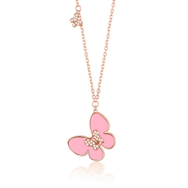 14K Rose Gold Butterfly Necklace Pendant with Pink Mother of Pearl and Simulated Diamonds Italy 17.5"