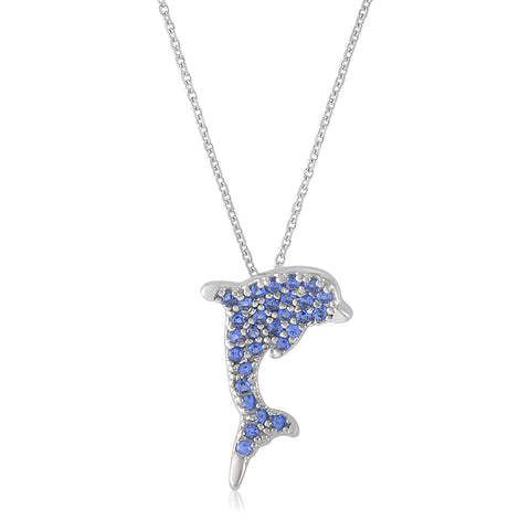 Dolphin Pavé Pendant Necklace in 14k White Gold with CZ Pavé