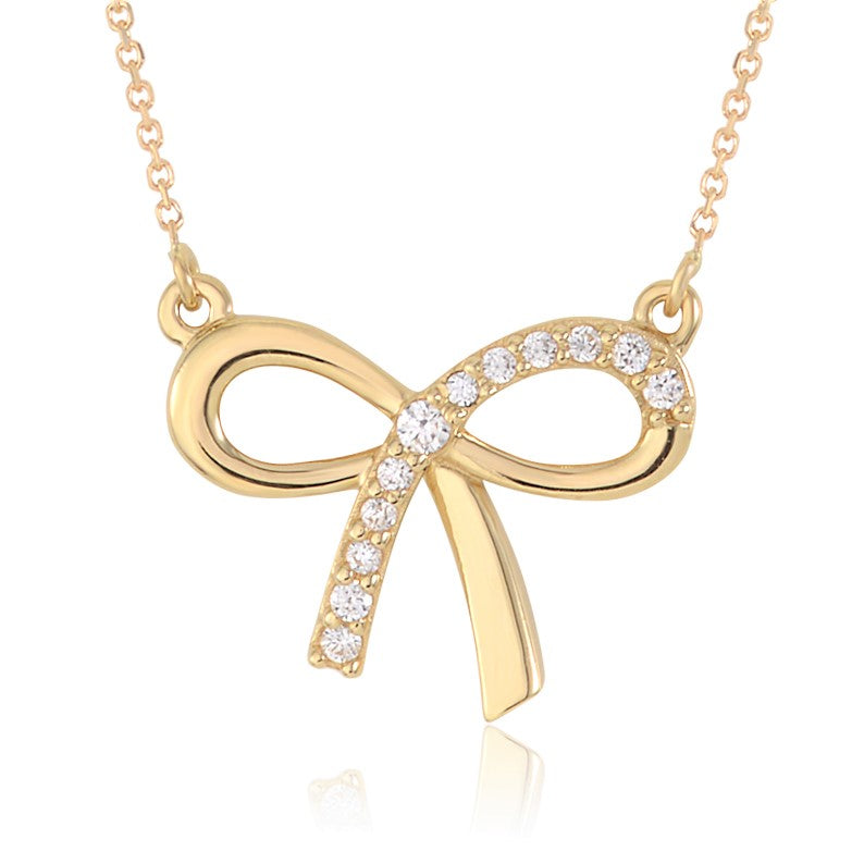 Bow Pendant Necklace in 14K Yellow or White Gold with CZ
