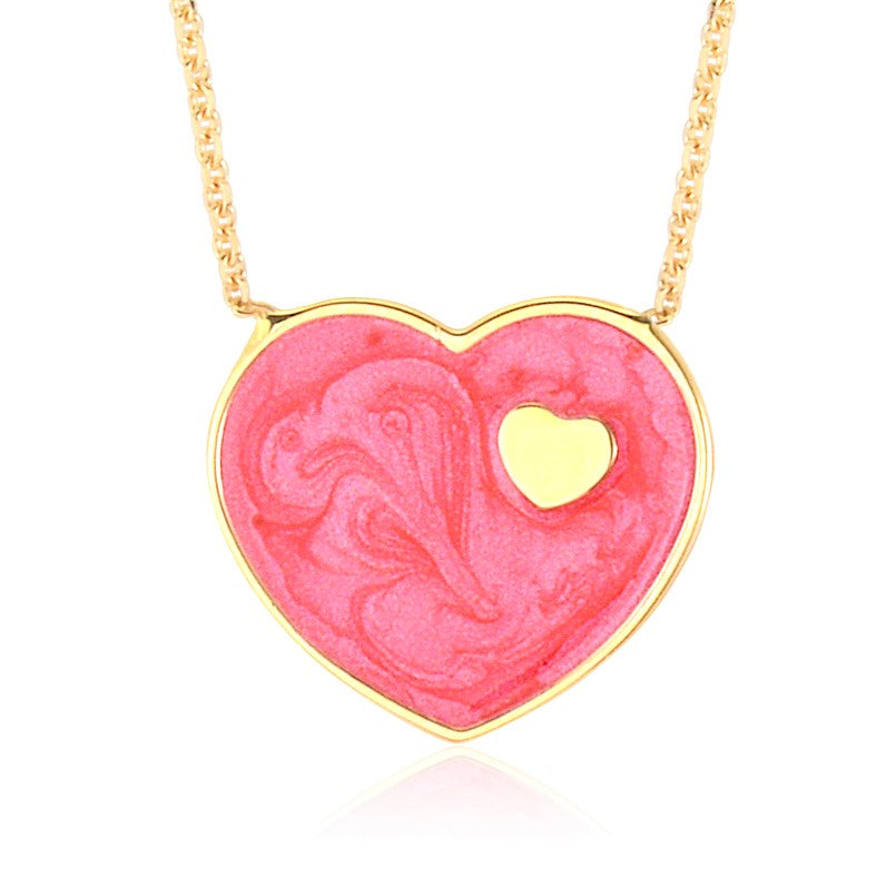 14K Yellow Gold Dark Marbled Enamel Heart on Heart Pendant Necklace 16 Inches
