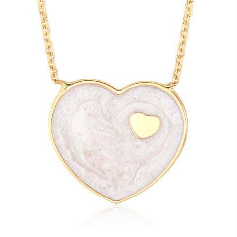 14K Yellow Gold Dark Marbled Enamel Heart on Heart Pendant Necklace 16 Inches