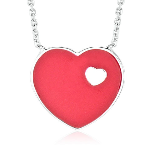 14K White Gold Pink Red or Turquoise Enamel Heart on Heart Pendant Necklace 16 Inches