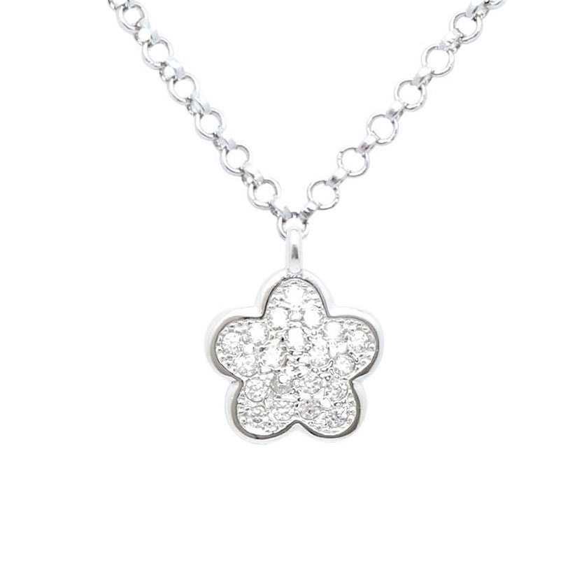 Flower Pendant Necklace in Sterling Silver with CZ Pavé