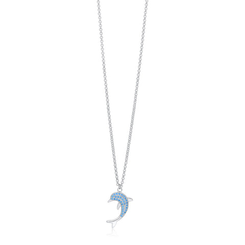 Dolphin Pendant Necklace in Sterling Silver with CZ Pavé