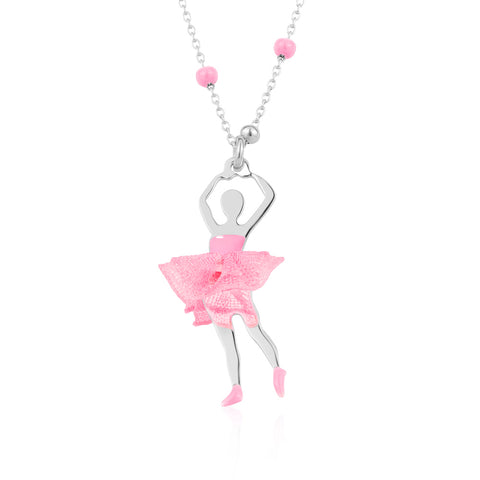 UNICORNJ Sterling Silver Ballerina Ballet Dancer Necklace for Girls Dance Recital Gift Tulle Fabric Tutu and Enamel on Beaded Chain 15.5"