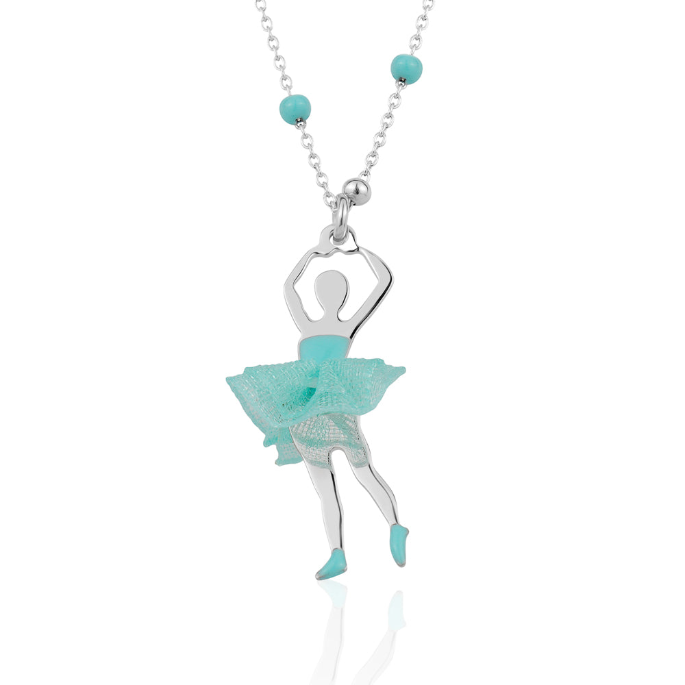 UNICORNJ Sterling Silver Ballerina Ballet Dancer Necklace for Girls Dance Recital Gift Tulle Fabric Tutu and Enamel on Beaded Chain 15.5"