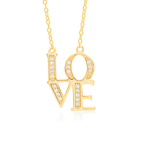 LOVE Necklace Pendant Sterling Silver 925 Yellow Gold Plated with Simulated Diamonds 18"