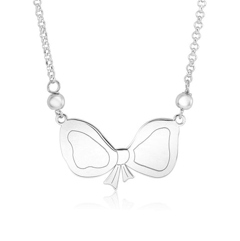 Sterling Silver Rose Gold Plated High Polished Fantasy Bow Pendant Necklace on Rolo Chain 16"