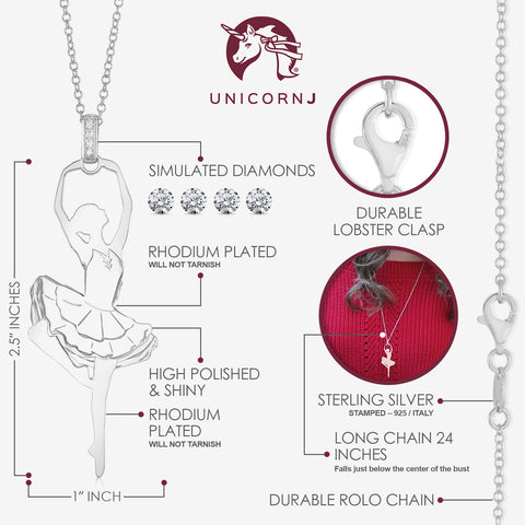 Sterling Silver Rose Gold Large Ballerina Ballet Dancer Passe Silhouette Necklace Long Rolo Chain