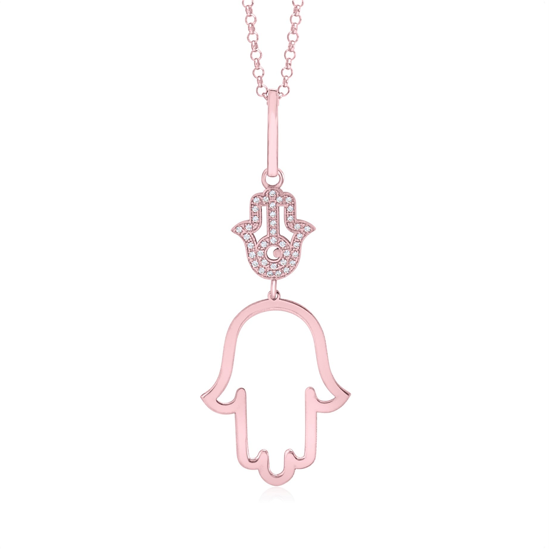 Sterling Silver Rose Gold Plated Polished Large Double Hamsa Dangle Necklace Pendant 18"
