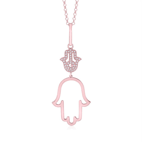 Sterling Silver Rose Gold Plated Polished Large Double Hamsa Dangle Necklace Pendant 18"