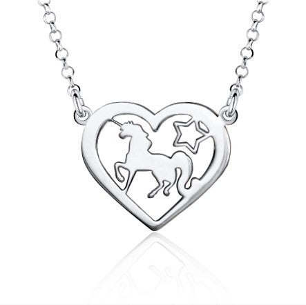 Sterling Silver Trotting Unicorn in Heart Pendant Necklace on Rolo Chain 17"