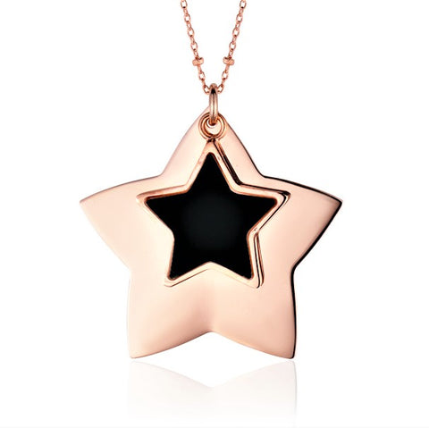 Sterling Silver Large Layered Double Star Pendant Necklace Rose Gold Plated 28"