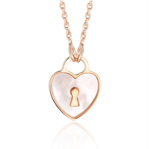 Sterling Silver Heart Lock Keyhole Pendant Necklace with Mother of Pearl Inlay 17"