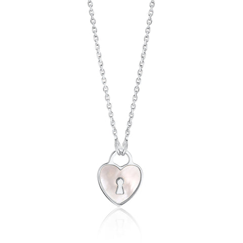 Sterling Silver Heart Lock Keyhole Pendant Necklace with Mother of Pearl Inlay 17"