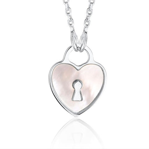 Sterling Silver Heart Lock Keyhole Pendant Necklace with Mother of Pearl Inlay 17"