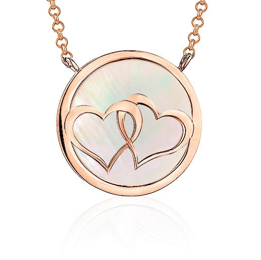 Sterling Silver Necklace Pendant Double Hearts Linked in Circle Rose Gold Plated with Mother of Pearl 17"