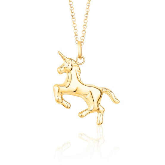 14K Yellow Gold Unicorn Pendant Necklace Polished Shiny on Rolo Chain Italy 16"