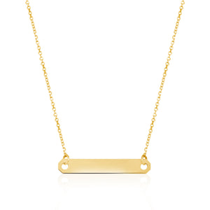 14K Yellow Gold Engravable Personalized Horizontal Bar Pendant Necklace Polished Shiny on Cable Chain Italy