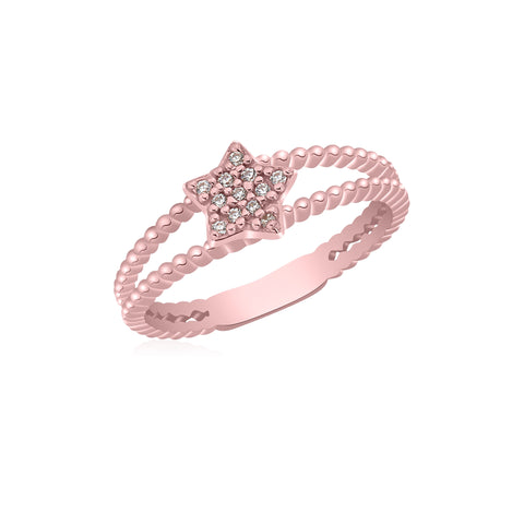 UNICORNJ 14K Rose Gold Double Band Beaded Ring with Pave CZ Star Accent Italy