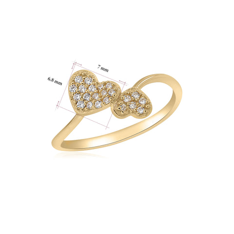 UNICORNJ 14K Yellow Gold Double Heart Pave CZ Bypass Ring Italy