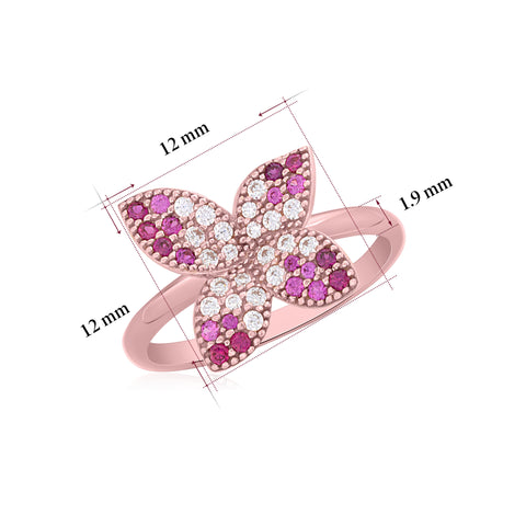 UNICORNJ 14K Rose Gold Four Petal Flower Ring Red or BluePave CZ Italy