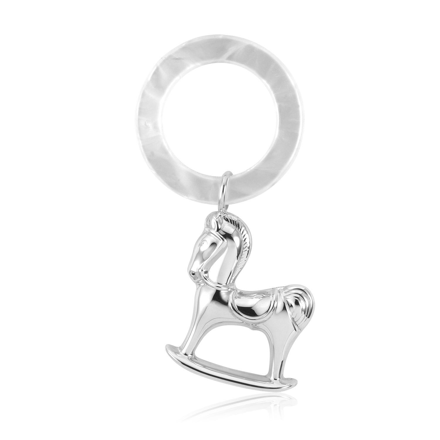 Sterling Silver 925 Baby Rattle Rocking Horse Mother of Pearl Ring Keepsake