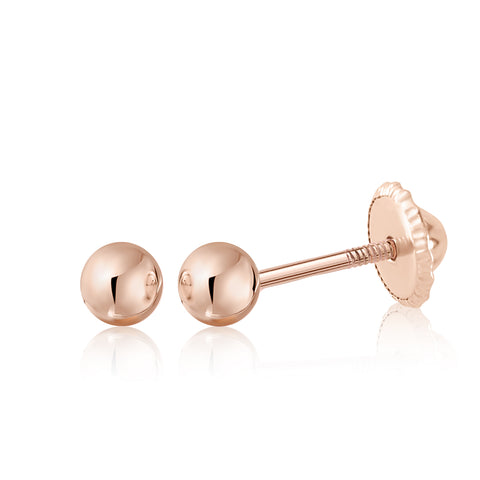 14k Solid Gold Ball Earrings with Flat Covered Back Screwback Shiny Sphere Earring Studs 3mm 4mm 5mm